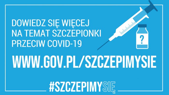 ilustracja przedstawia biaĹ‚y napis na niebieskim tle o treĹ›ci: "dowiedz siÄ™ wiÄ™cej na temat szczepionki przeciwko COVID-19"