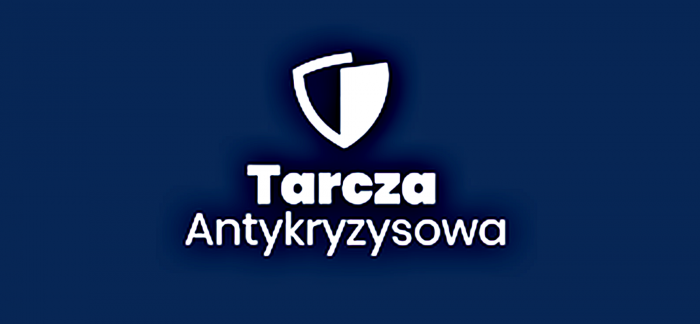 niebielskie logo z biaĹ‚ym napisem "Tarcza Antykryzysowa"
