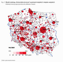 Ilustracja przedstawia mapę Polski z oznaczonymi miastami. Im intensywniejsza czerwień, tym większy procent zdobytych punktów w rankingu. Materiały Serwisu Samorządowego PAP.