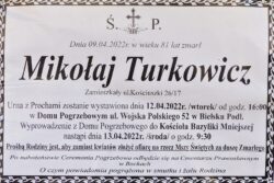 Klepsydra z informacją o śmierci i pogrzebie Mikołaja Turkowicza
