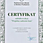 Wizualizacja dokumentu z treścią "Certyfikat udział w akcji Wspólne sadzenie lasu"