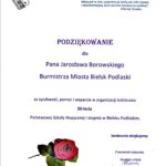 List pamiątkowy szkoły muzycznej: "Podziękowanie dla Pana JArosława Borowskiego Burmistrza Miasta Bielsk Podlaski"