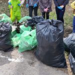 Dziewięć worków wypełnionych śmieciami zebranymi podczas akcji sprzątania lasu.