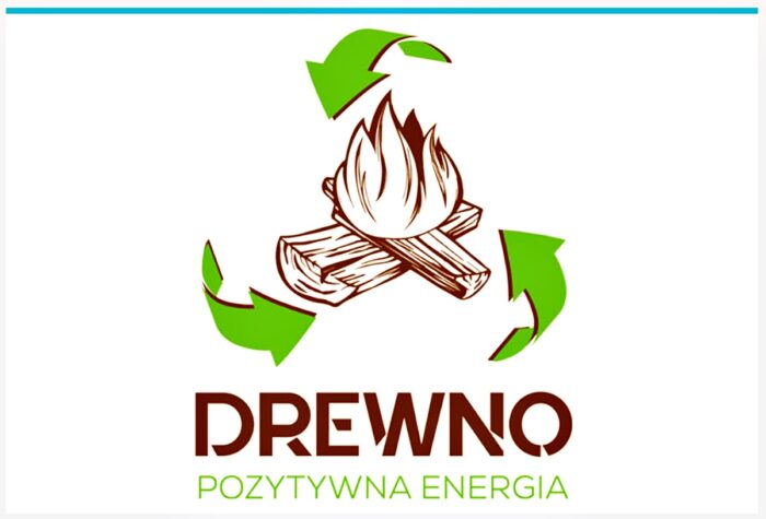 Logotyp z rysunkiem ogniska wpisanym w symbol recyklingu i napisem "Drewno pozytywna energia".