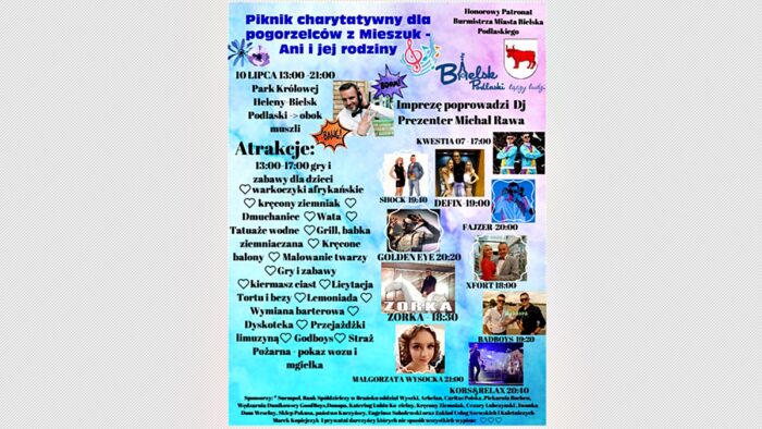 Pstrokaty plakat informujący o imprezie ze zdjęciami wykonawców, logotypami sponsorów i patronów oraz informacjami dotyczącymi programu imprezy.