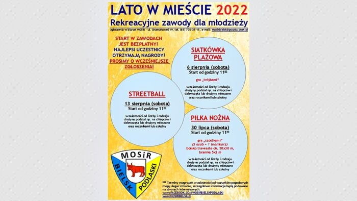 Kolorowy pionowy plakat zapowiadający turnieje sportowe rozgrywane w ramach Lata w mieście 2022. Plakat zawiera treść, która opisana jest w tekście, którego plakat jest ilustracją.