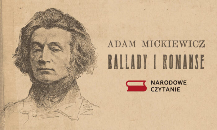 Plakat na brązowym papierze w stylu "retro". Z lewej strony rysunek twarzy Adama Mickiewicza, z prawej napis: "Adam Mickiewicz. Ballady i romanse. Narodowe czytanie".
