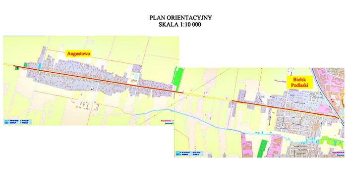 Mapa poglądowa przebiegu inwestycji między wsią Augostowo a miastem Bielsk Podlaski