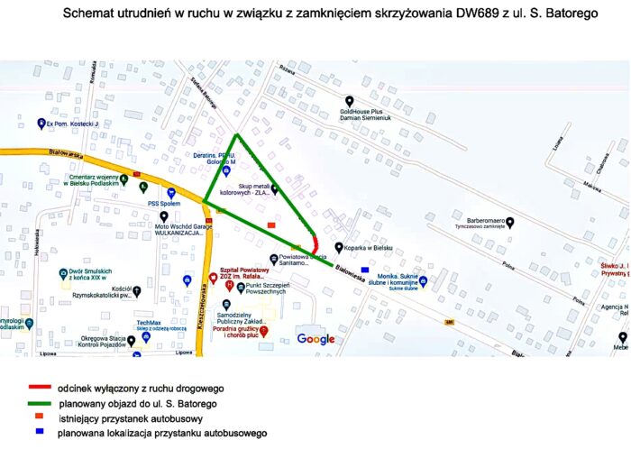 Fragment mapy Bielska Podlaskiego z oznaczonymi ulicami, których dotyczą zmiany opisane w tekście. Na górze napis: "Schemat utrudnień ruchu w związku z zamknięciem skrzyżowania DW689 z ul. Batorego"