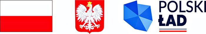 Poziomy pasek z trzema logotypami: flagą Polski, godłem Polski i znakiem "Polski Ład"