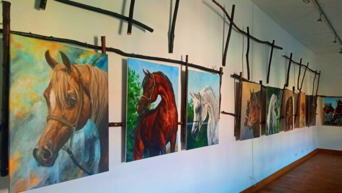 Prace malarskie przedstawiające konie, wywieszone na ścianie muzeum