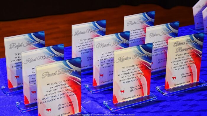 Kolorowe pamiątkowe tabliczki z nazwiskami nagrodzonych i nazwami nagrody stoją uporządkowane na stole.