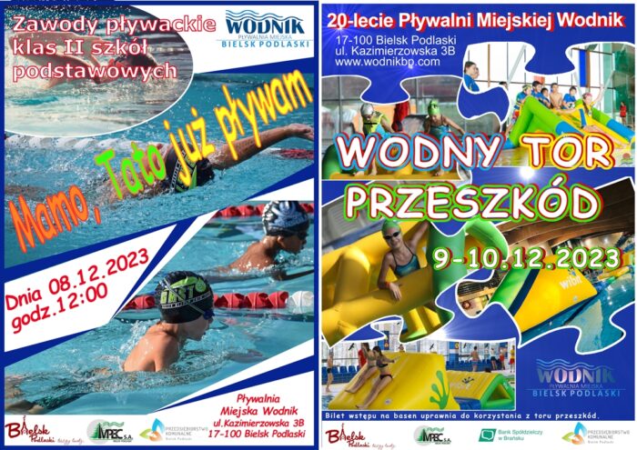 Dwa kolorowe plakaty informujące o zawodach pływackich i torze przeszkód. Na plakatach widnieją informacje, które dostępne są w materiale testowym. Są też kompilacje zdjęć ludzi pływających na basenie i korzystających z toru przeszkód.