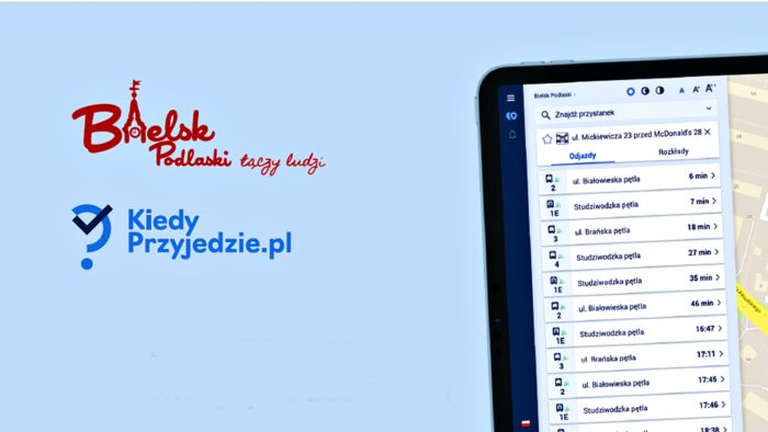 Niebieski prostokąt. Z prawej widok smartfona z wyświetlaną treścią, z lewej dwa logotypy: "Bielsk Podlaski łączy ludzi" oraz "KiedyPrzyjedze.pl".