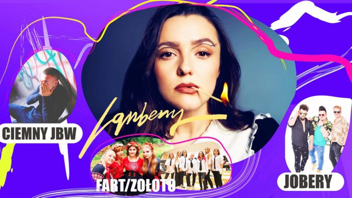 Fragment plakatu Dni Bielska, składający się z fioletowej grafiki oraz zdjęć występujących zespołów. Centralnie - twarz wokalistki, gwiazdy imprezy i napis "Lanberry".
