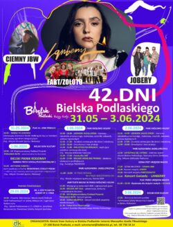 Pionowy plakat zapowiadający Dni Bielska Podlaskiego. Górna część składa się ze zdjęć występujących artystów oraz nazw zespołów, a także nazwy imprezy. Dolna część to program imprezy, którego treść zawiera tekst przewodni.