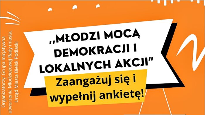 Fragment plakatu z ciemnym napisem na białym tle o treści" :Młodzi mocą demokracji i lokalnych akcji. Zaangażuj się o wypełnij ankietę!".