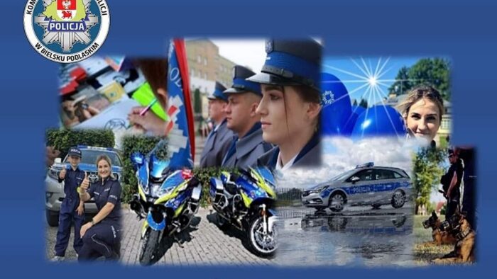 Mozaika graficzna z wielu zdjęć dotyczących policji - wizerunku policjantów i ich sprzętu. Na górze po lewej - okrągły logotyp Komendy Powiatowej Policji w Bielsku Podlaskim.