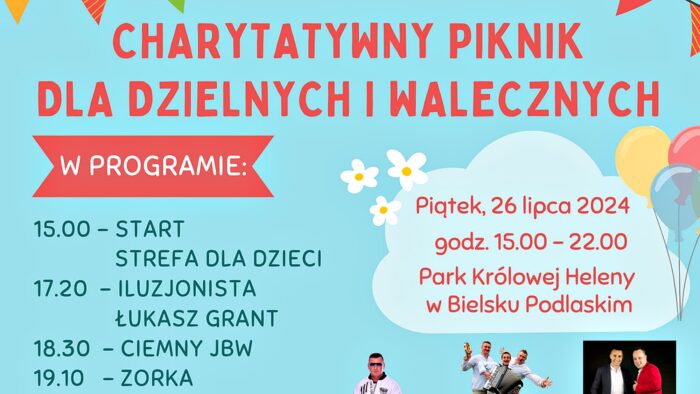 Fragment plakatu z nazwą pikniku, datą i miejscem jego zorganizowania oraz częścią programu.