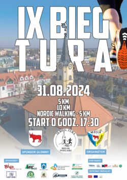 Kolorowy plakat z widokiem ratusza i centrum miasta z lotu ptaka, białym napisem "IX Bieg Tura", logotypami organizatorów, sponsorów i patronów oraz treścią, która zawarta jest też w tekście wiodącym.