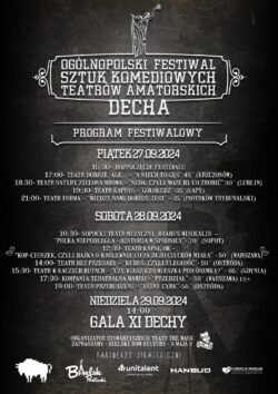 Czarno-biały plakat festiwalu z jego pełną nazwą i treścią prezentującą program zawarty w tekście wiodącym. Na dole logotypy organizatorów, patronów i sponsorów.