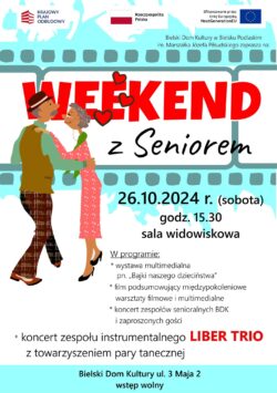 Pionowy plakat z rysunkiem dwojga tańczących starszych ludzi, napisem "Weekend z Seniorem" oraz treścią dostępną w tekście wiodącym.