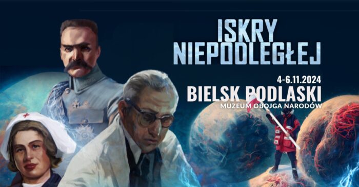 Plakat w formie obrazu. Z lewej widać trzy osoby, a prawej małą postać czwartej wymachującą flagą narodową. Na tym napis" Iskra Niepodległej - Bielsk Podlaski" oraz data wydarzenia.