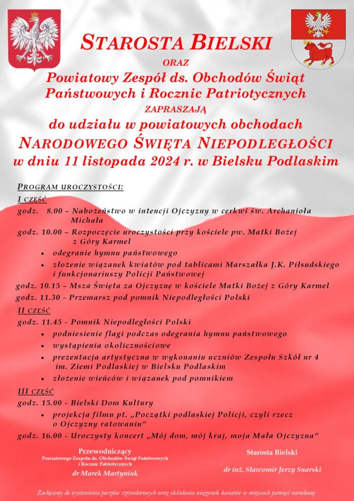 Biało-czerwony plakat z treścią zaproszenia i programem obchodów.