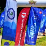 Zawody w nordic walkingu w lesie.