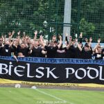 Grupa kibiców -szalikowców podczas dopingu.