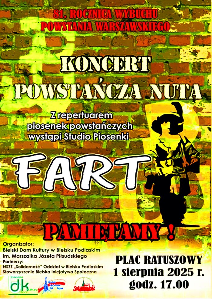 Pionowy plakat z dużą ilością kolorów i elementów graficznych. Przedstawia m.in. mur z czerwonej cegły, namalowany białą farbą znak "kotwicy" - symbol Powstania Warszawskiego, rysunek małego powstańca oraz logotypy organizatorów. Treść zaproszenia na koncert dostępna jest w tekście wiodącym.