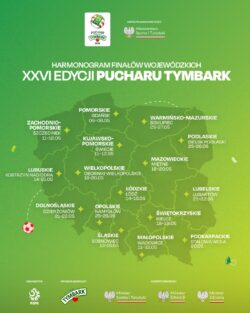 Zielony plakat z mapą Polski, na której wymienione są finały wojewódzkie rozgrywek i logotypami organizatorów.