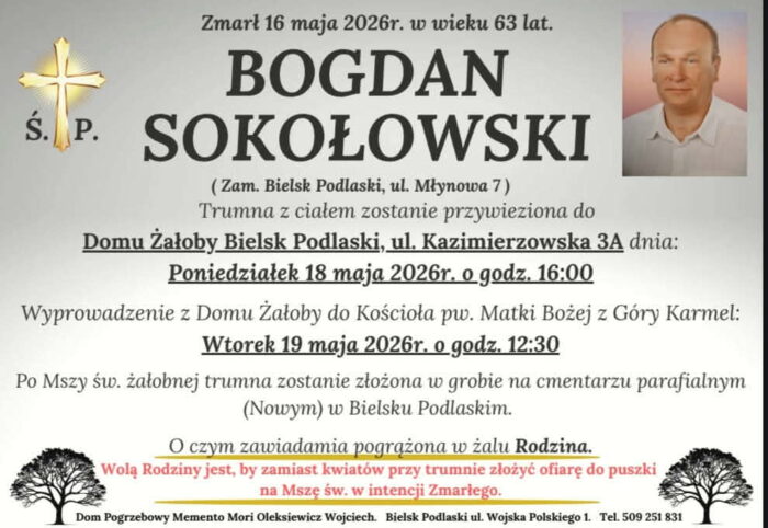 Nekrolog ze zdjęciem zmarłego i treścią - informacją dostępną w tekście wiodącym.