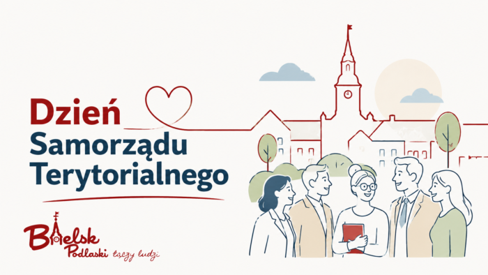 Prosta grafika przedstawiająca rysunek pięciu uśmiechniętych i rozmawiających ze sobą osób, na tle symbolu miasta, znak graficzny "Bielsk Podlaski łączy ludzi" i napis "Dzień samorządu terytorialnego".
