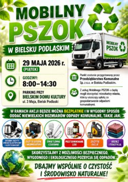 Pionowy plakat utrzymany w tonacji biało-zielonej, z dużą ilością elementów graficznych odnoszących się do recyklingu oraz treścią dostępną w tekście wiodącym.