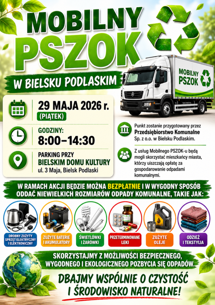 Pionowy plakat utrzymany w tonacji biało-zielonej, z dużą ilością elementów graficznych odnoszących się do recyklingu oraz treścią dostępną w tekście wiodącym.