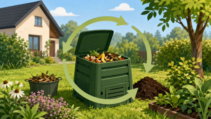 Grafika wygenerowana przez chat GPT. Przedstawia pojemnik z bioodpadami na trawniku przy murowanym domu i symbol recyklingu.