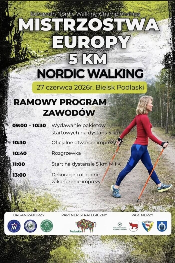 Pionowy plakat z nazwą mistrzostw, wizerunkiem kobiety podczas spaceru nordic walking i planem imprezy, dostępnym w tekście wiodącym.