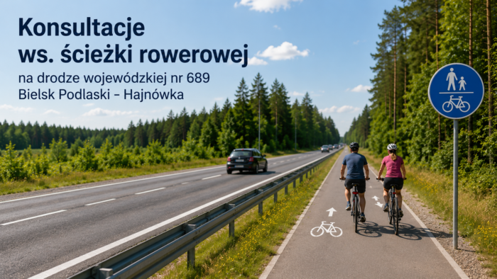 Grafika sporządzona przez czat - przedstawia asfaltową drogę wśród drzew, a wzdłuż niej ścieżkę rowerową. Po ścieżce jadą dwie osoby na rowerach, drogą jedzie samochód osobowy. Nad drogą jest błękitne niebo.