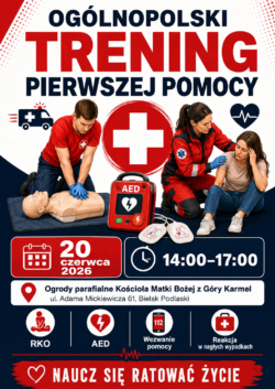 Pionowy plakat utrzymany w kolorach bieli, czerwieni i czerni, z napisem "Ogólnopolski trening pierwszej pomocy" oraz treścią dostępną w tekście wiodącym.