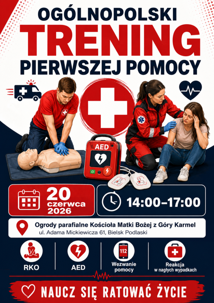 Pionowy plakat utrzymany w kolorach bieli, czerwieni i czerni, z napisem "Ogólnopolski trening pierwszej pomocy" oraz treścią dostępną w tekście wiodącym.