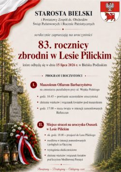 Pionowy plakat w herbem Powiatu Bielskiego, wizerunkiem pomnika i wieńcem, a także programem uroczystości, dostępnym w tekście wiodącym.