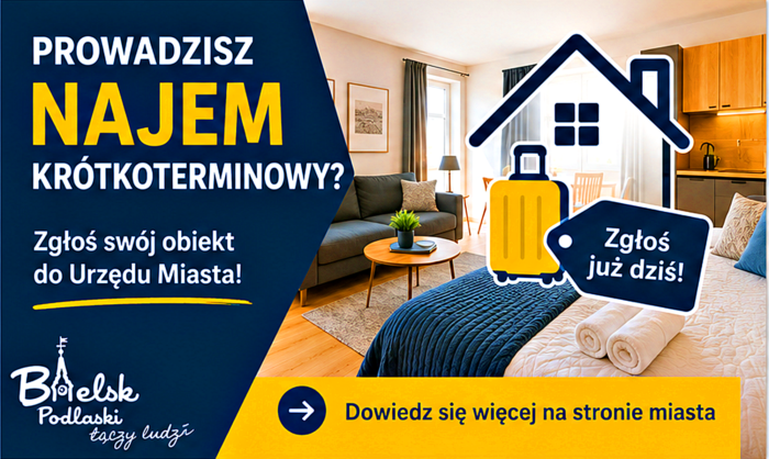 Sztucznie wygenerowana pozioma grafika z napisem: Prowadzisz najem krótkoterminowy? Zgłoś to do urzędu miasta". Do tego logotyp Bielsk Podlaski łączy ludzi" i odesłanie do tekstu.