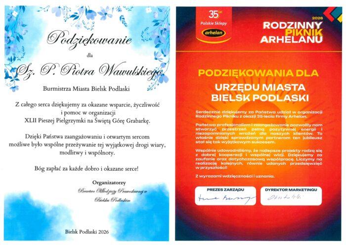 Dwa dyplomy z podziękowaniami dla miasta o burmistrza od organizatorów: pielgrzymki oraz urodzin firmy Arhelan.